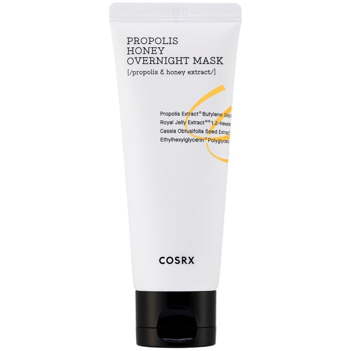 COSRX Propolis Honey Overnight Mask 60 ml rauhoittava yönaamio valkoisessa muovituubissa mustalla korkilla