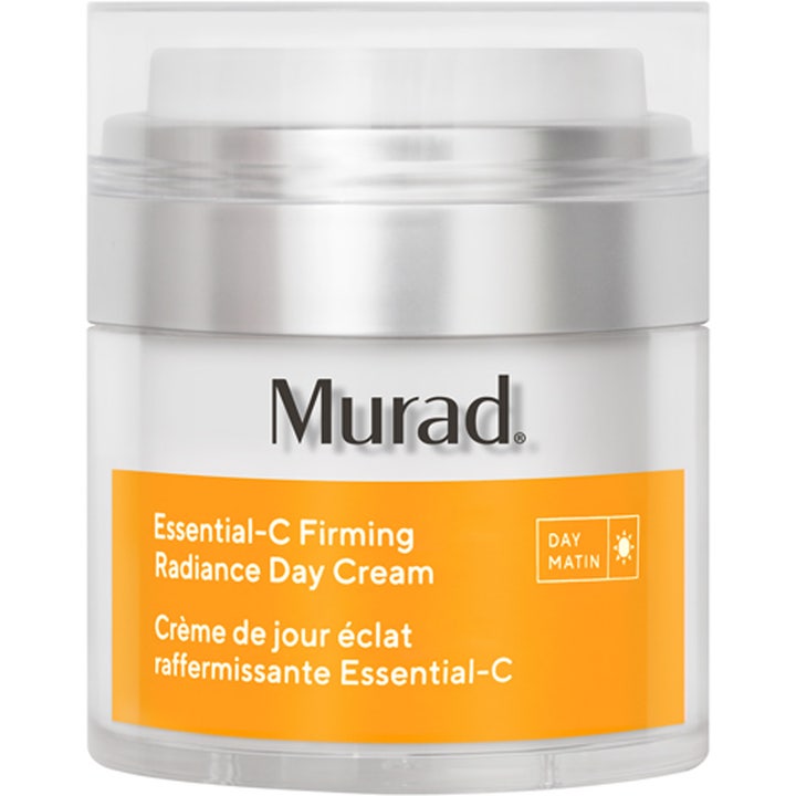 Murad Essential-C Firming Radiance Day Cream 50 ml heleyttävä päivävoide oranssilla etiketillä ja hopeisella kannella.