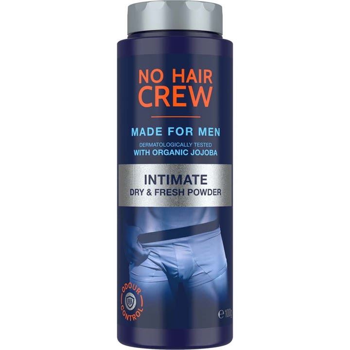 No Hair Crew Intimate Dry & Fresh Powder 100g raikastava intiimipuuteri sinisessä pullossa hopeisella korkilla