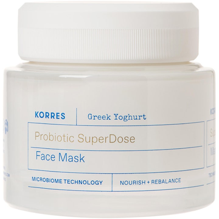 Korres Greek Yoghurt Probiotic SuperDose Face Mask 100 ml ravitseva kasvonaamio valkoisessa purkissa valkoisella kannella