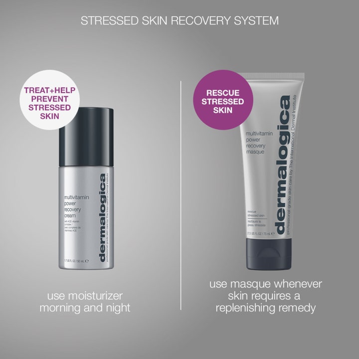 Dermalogica Stressed Skin Recovery System 50ml ja 75ml elvyttävä setti sisältää hopeisen voiteen ja kasvonaamiotuubin.