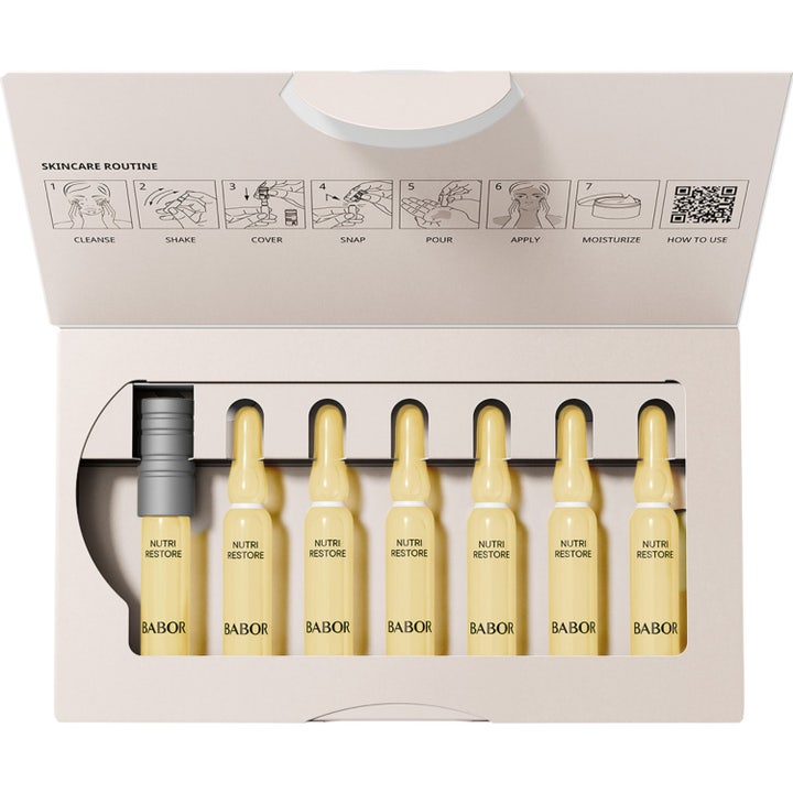 Babor Nutri Restore Ampoule 14 ml ravitseva seerumi avatussa pakkauksessa kuvallisin käyttöohjein.