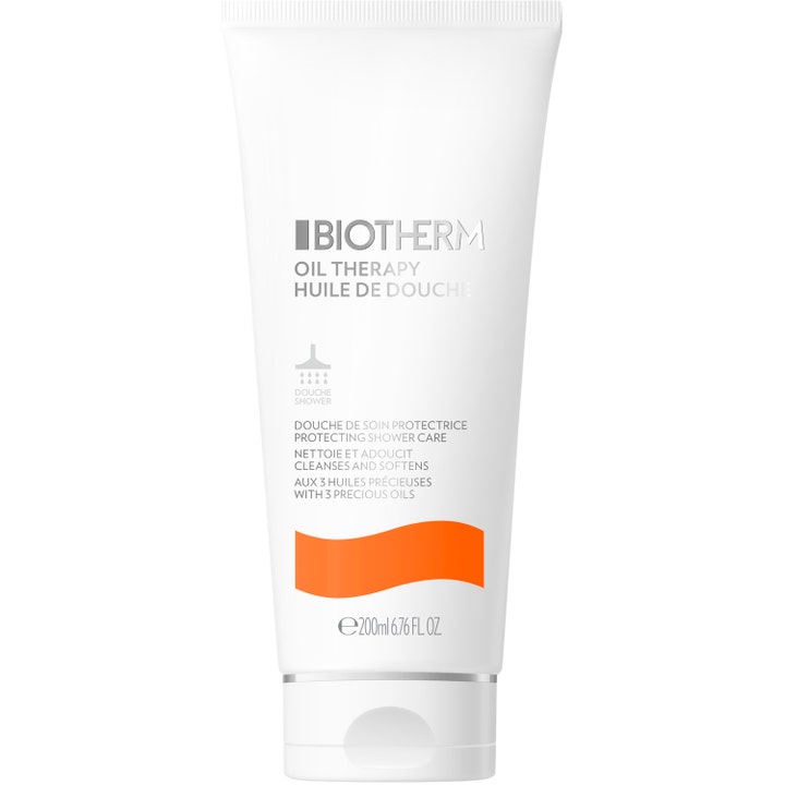 Biotherm Oil Therapy Huile de Douche 200 ml kosteuttava suihkuöljy valkoisessa tuubissa oranssilla raidalla.