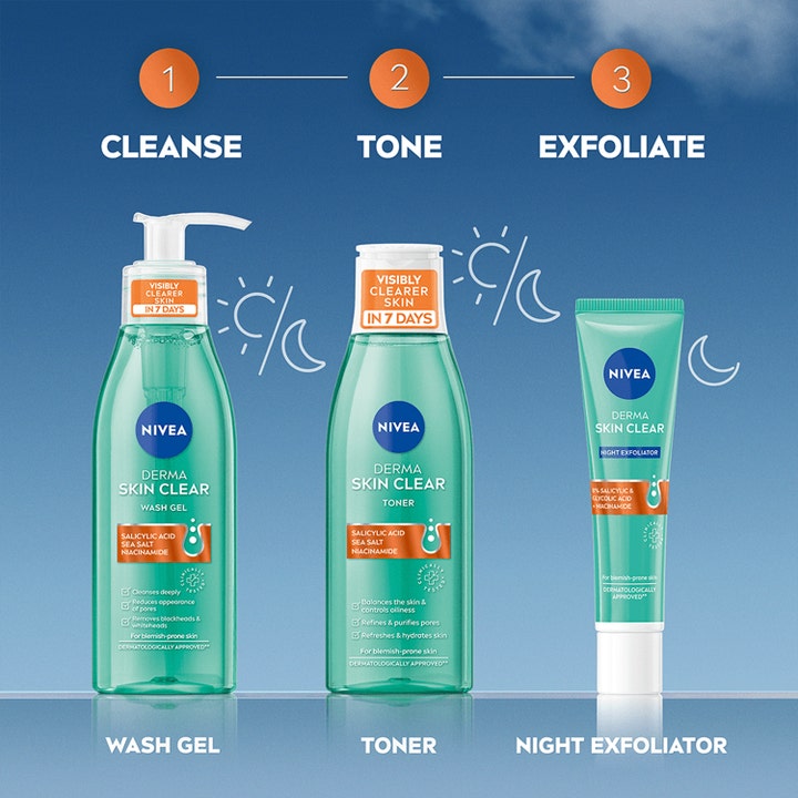 NIVEA Derma Skin Clear Night Exfoliator 40 ml yökuorinta osana kolmivaiheista puhdistus- ja hoitorutiinia.