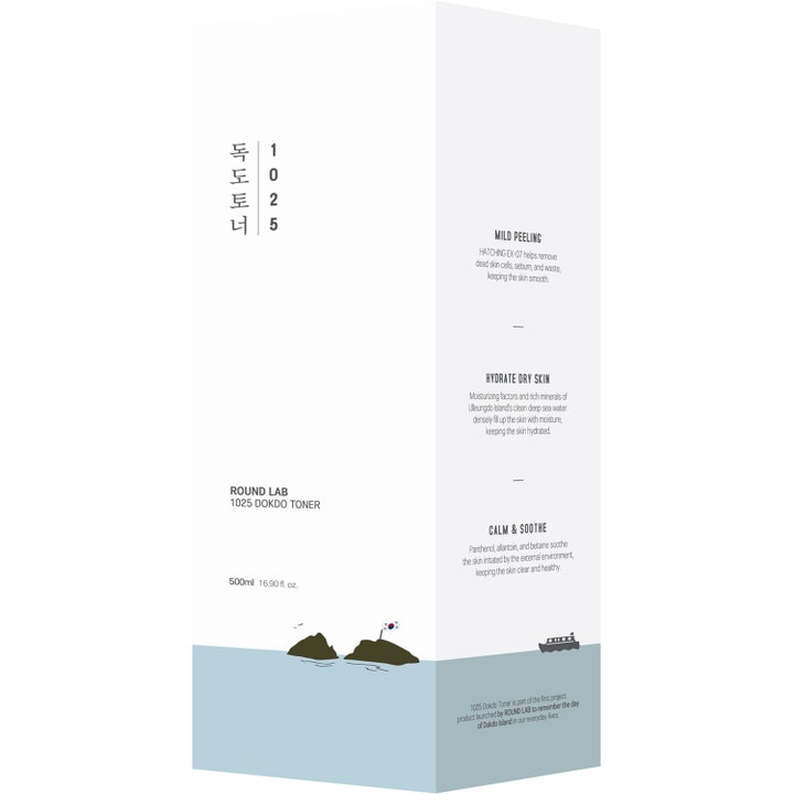 Round Lab 1025 Dokdo Toner 500 ml kosteuttava kasvovesi valkoisessa pakkauksessa, jossa on meri- ja saarikuvitus.