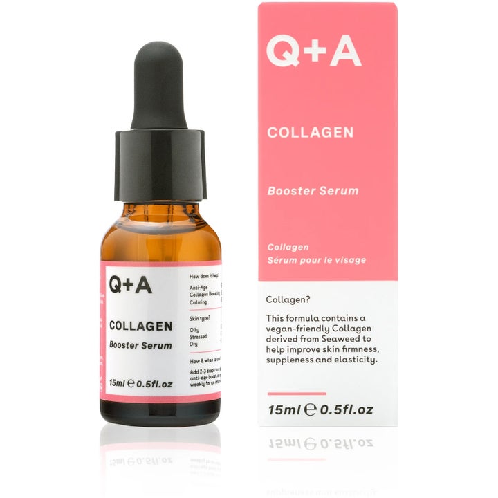 Q+A Collagen Booster Serum 15 ml kiinteyttävä kasvoseerumi ruskeassa lasipullossa ja vaaleanpunainen pakkaus