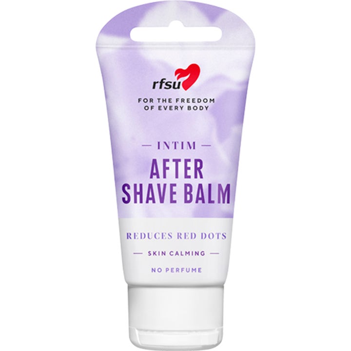 RFSU Intim After Shave Balm 40 ml rauhoittava voide ehkäisee punaisia pisteitä violetissa ja valkoisessa tuubissa.