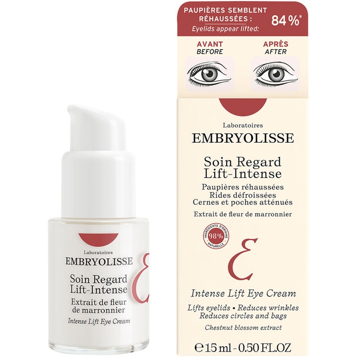 Embryolisse Intense Lift Eye Cream 15 ml kohottava silmänympärysvoide valkoisessa pumppupullossa ja pahvipakkauksessa.