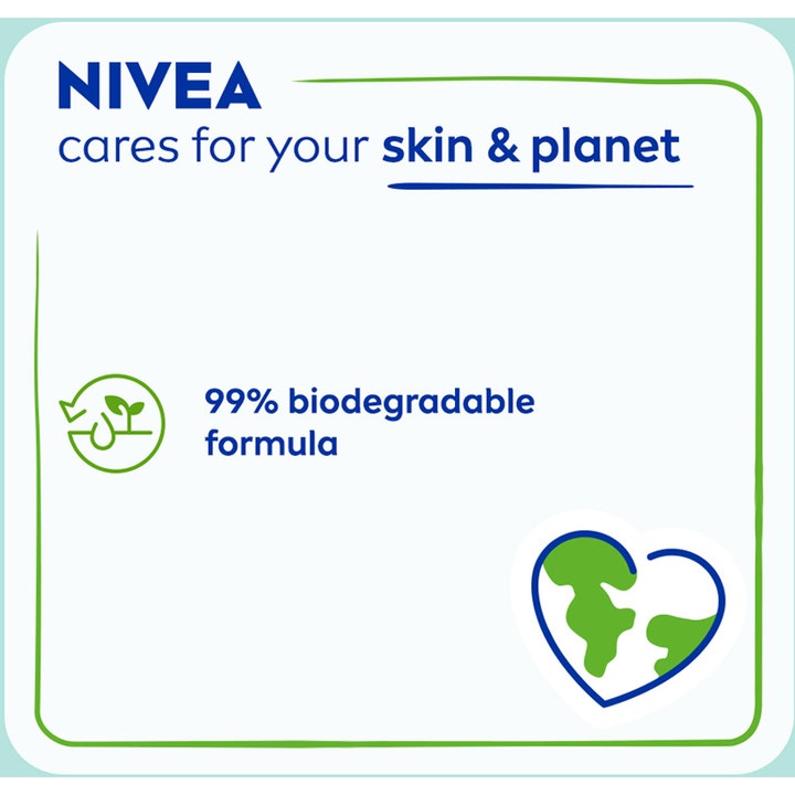 Nivea Wash Gel Purifying 150 ml puhdistava puhdistusgeeli infografiikka korostaa 99 % biohajoavaa koostumusta