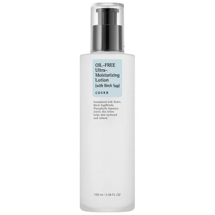 COSRX Oil-Free Ultra-Moisturizing Lotion 100 ml kosteuttava kasvovoide rauhoittaa ihoa koivunmahlalla valkoisessa pullossa.