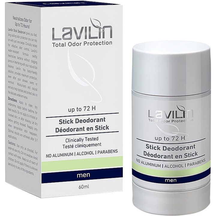 Lavilin Stick Deodorant Men 60 ml hajuja neutralisoiva deostick valkoisessa pakkauksessa ja hylsyssä.