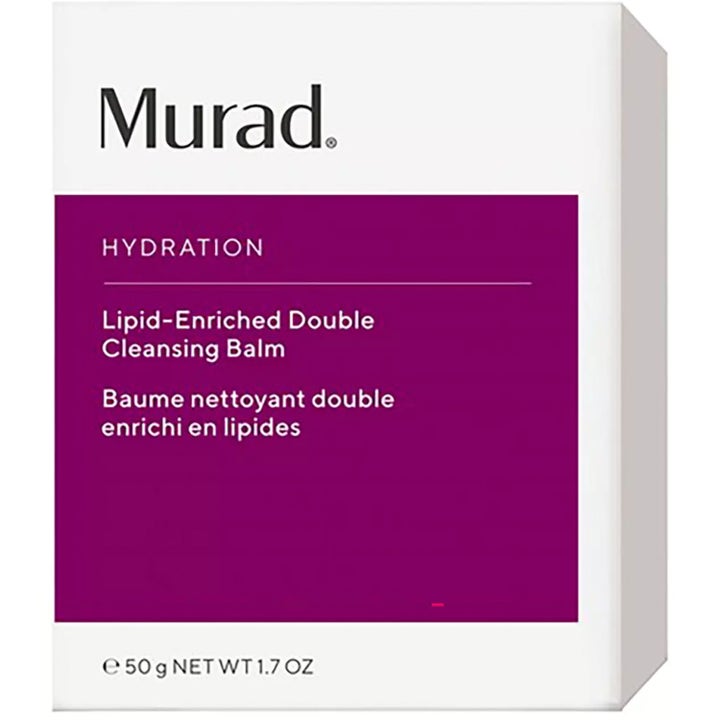 Murad Lipid-Enriched Double Cleansing Balm 50 ml kosteuttava puhdistusvoide valkoisessa pakkauksessa violetilla osiolla