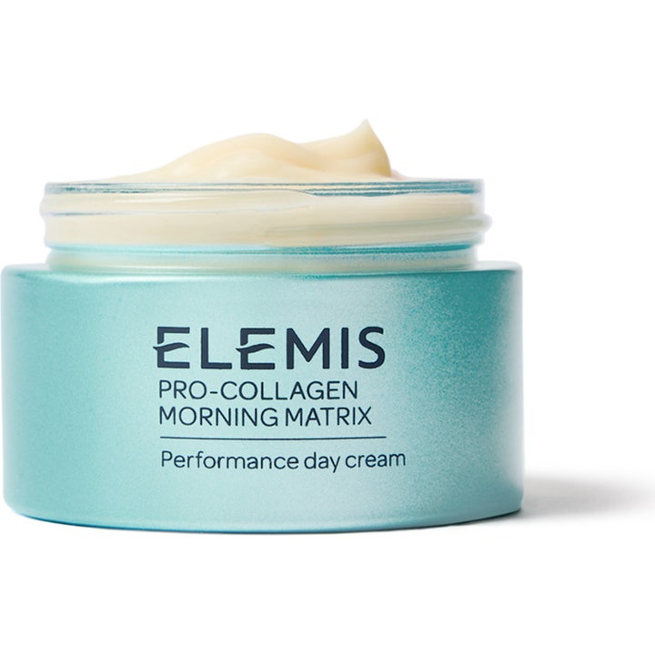 Elemis Pro-Collagen Morning Matrix 50 ml kiinteyttävä päivävoide avatussa vaaleansinisessä purkissa täyteläisellä voiteella.