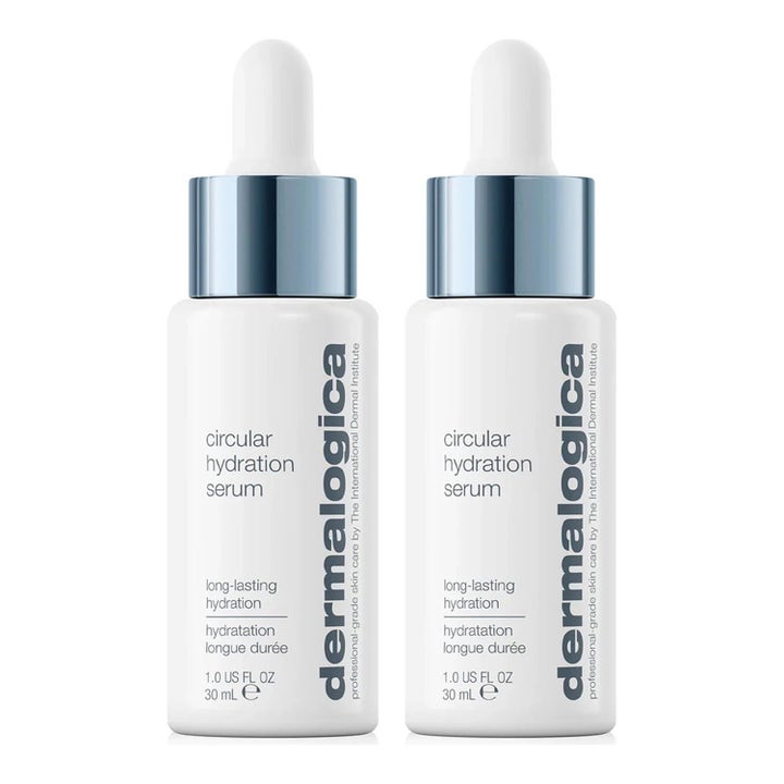 Dermalogica Circular Hydration Serum 30 ml kosteuttava seerumi kahdessa valkoisessa pullossa hopeisilla pipeteillä