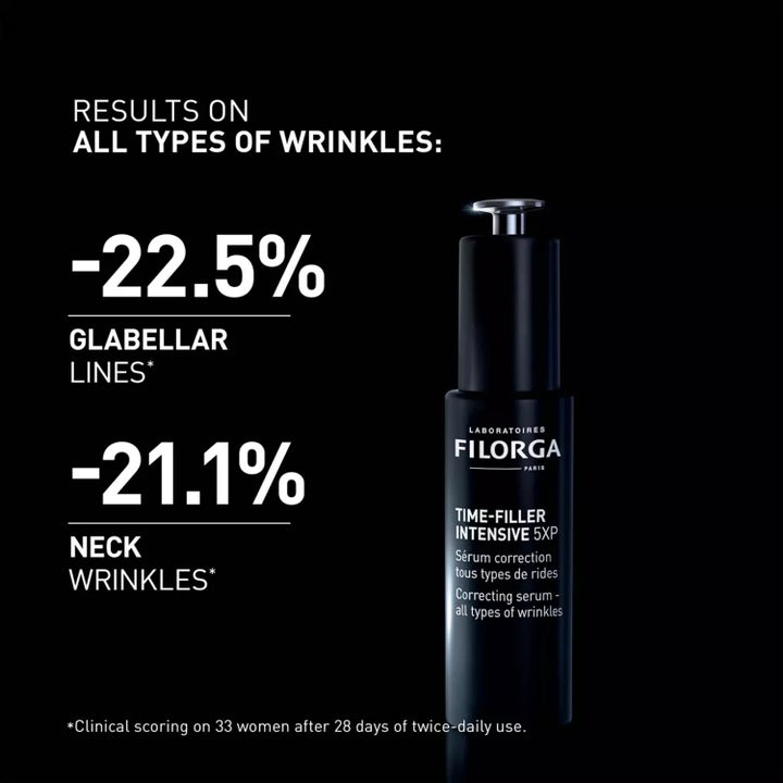 Filorga Time-Filler Intensive 5XP 30 ml silottava seerumi mustassa pumppupullossa tuloksilla ryppyihin.