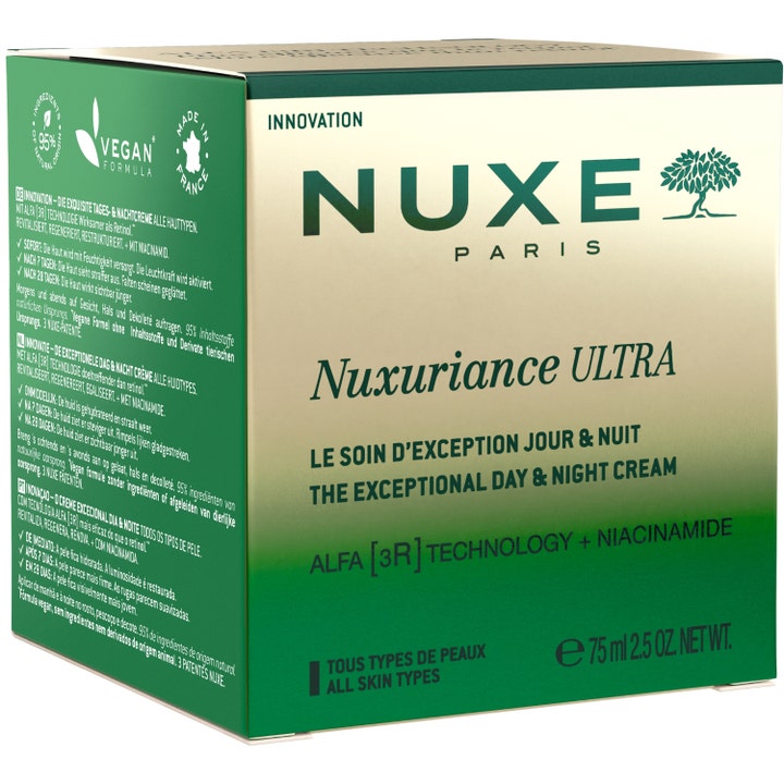 Nuxe Nuxuriance Ultra 75 ml uudistava kasvovoide vihreässä pakkauksessa, jossa lukee Alfa [3R] ja Niacinamide.