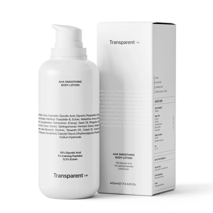 Transparent Lab Aha Smoothing Body Lotion 400 ml siloittava vartalovoide valkoisessa pumppupullossa ja pakkauksessa