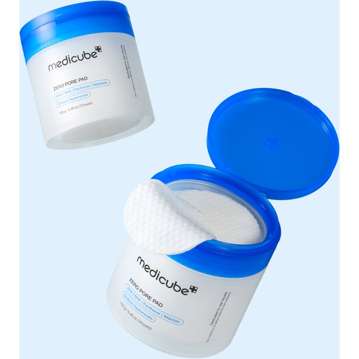 Medicube Zero Pore Pad 2.0 70 kpl ihohuokosia supistavat kasvolaput avatussa purkissa sinisellä kannella