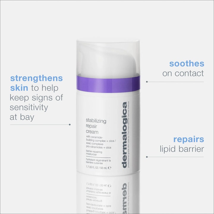 Dermalogica Stabilizing Repair Cream 50 ml rauhoittava kasvovoide cican ja keramidien kera violettiraitaisessa pumppupullossa.