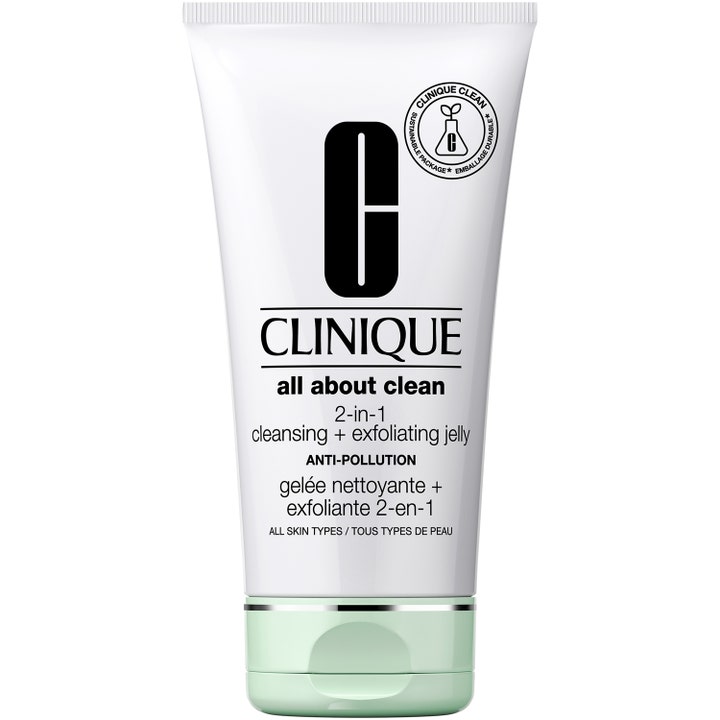 Clinique All About Clean 2-in-1 Cleansing + Exfoliating Jelly kuoriva puhdistusgeeli valkoisessa tuubissa ja vihreä korkki
