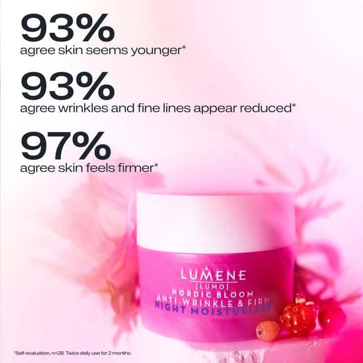 Lumene Nordic Bloom 50 ml silottava yövoide ja testituloksia ihon kiinteydestä vaaleanpunaisella taustalla.