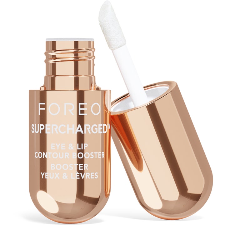 Foreo Supercharged Eye & Lip Contour Booster 15ml kiinteyttävä voide ruusukultaisessa hylsyssä valkoisella applikaattorilla.