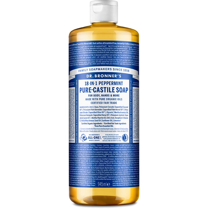 Dr. Bronner's 18-in-1 Peppermint Pure-Castile Soap 945ml virkistävä nestesaippua ruskeassa pullossa valkoisella korkilla