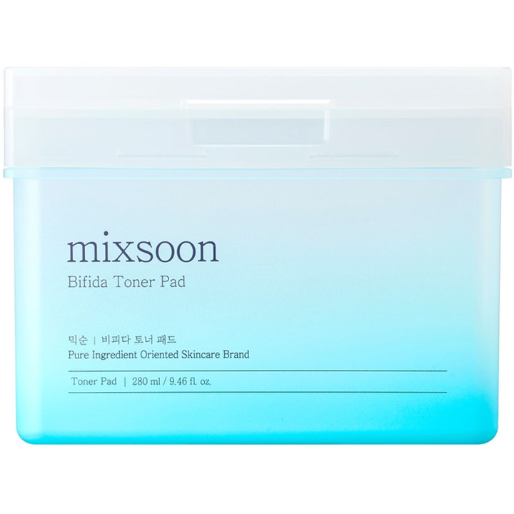 mixsoon Bifida Toner Pad 280 ml ihoa vahvistavat kasvovesilaput sinisessä liukuvärjätyssä neliönmuotoisessa purkissa.