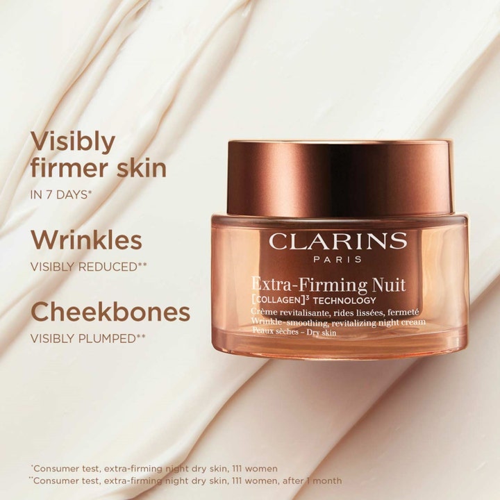 Clarins Extra-Firming Nuit 50 ml kiinteyttävä yövoide pronssisessa lasipurkissa vaalealla voidetaustalla.