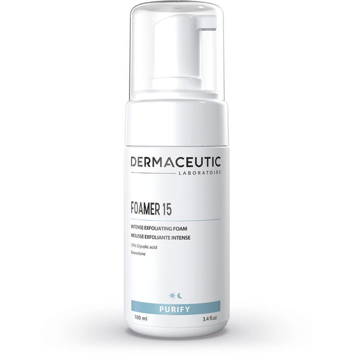 Dermaceutic Foamer 15 100 ml kuoriva puhdistusvaahto kirkastaa ihoa glykolihapolla valkoisessa pumppupullossa