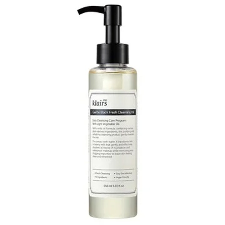Klairs Gentle Black Fresh Cleansing Oil 150 ml puhdistusöljy kirkkaassa mustapumppuisessa pullossa syväpuhdistaa kasvot.