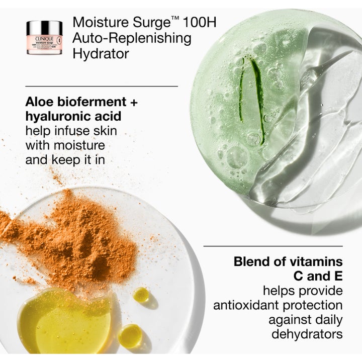 Clinique Moisture Surge Megastars kosteuttava kasvovoide ja ainesosat kuten aloe ja C-vitamiini.