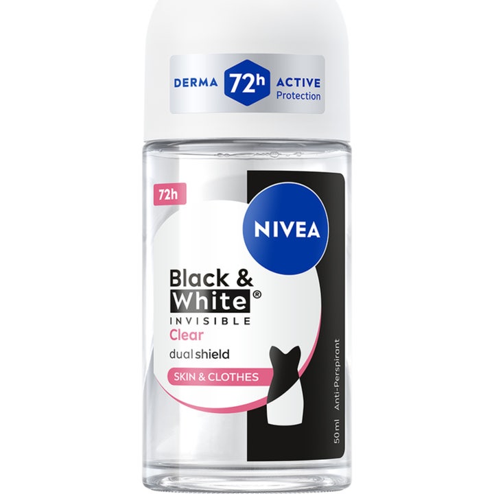 Nivea Black & White Invisible Clear 50 ml antiperspirantti antaa 72h suojan kirkkaassa lasipullossa vaaleanpunaisella korkilla.