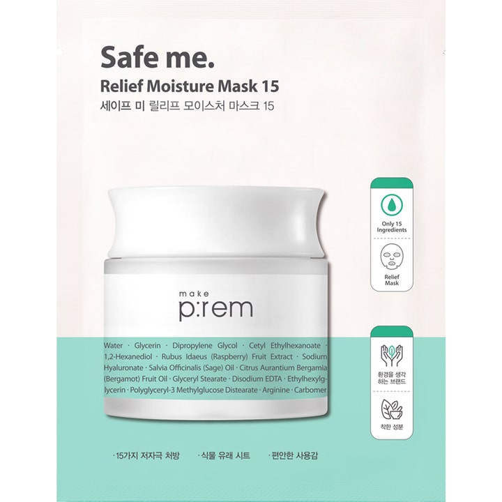 Make P:rem Safe Me. Relief Moisture Mask 15 rauhoittava kangasmaski kosteuttaa ihoa mintunvihreässä pakkauksessa.