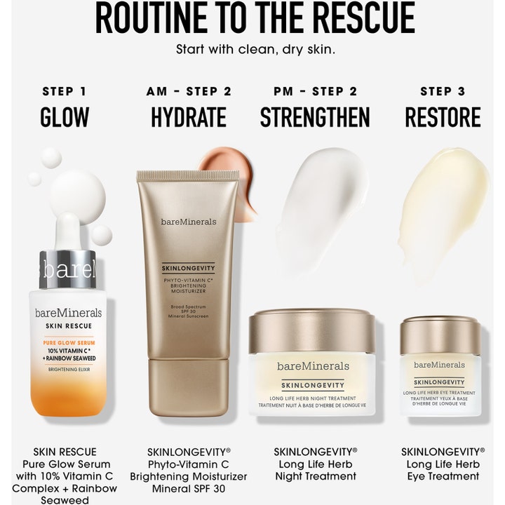 bareMinerals Skin Rescue Pure Glow Serum 30 ml heleyttävä C-vitamiiniseerumi osana ihonhoitorutiinin vaiheita