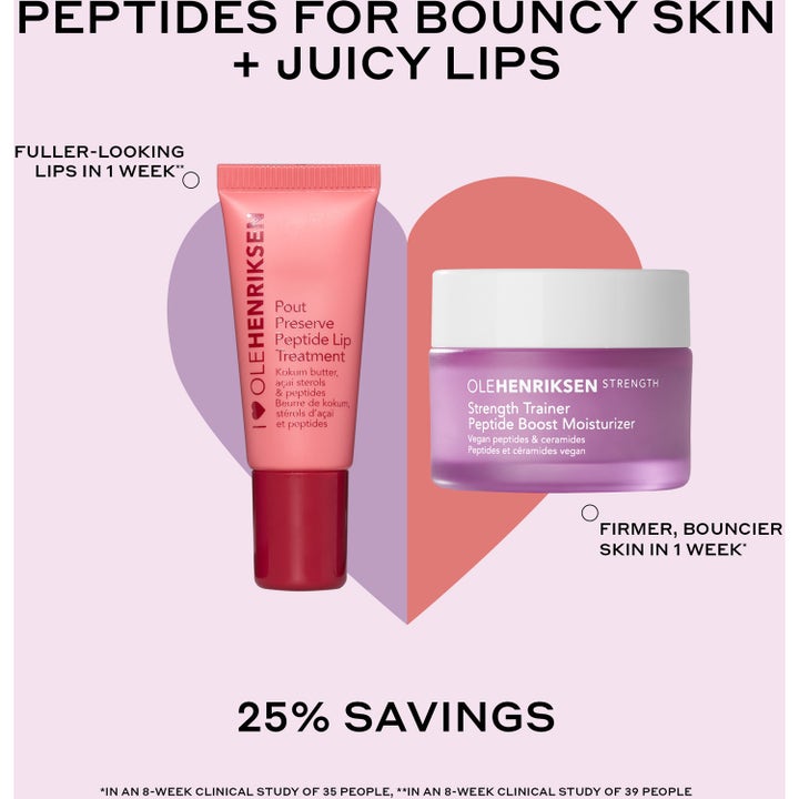 Ole Henriksen Plumping Peptide Pair Set 22 ml sisältää persikanvärisen huulihoidon ja liilan kasvovoiteen.