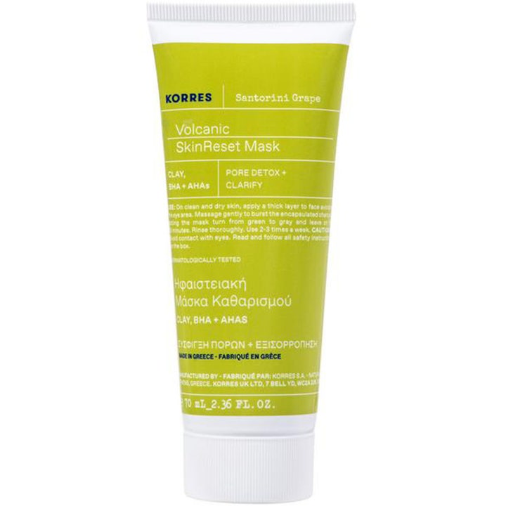 Korres Santorini Grape Volcanic SkinReset Mask 70 ml puhdistava kasvonaamio kirkastaa ihoa limeenvihreässä tuubissa