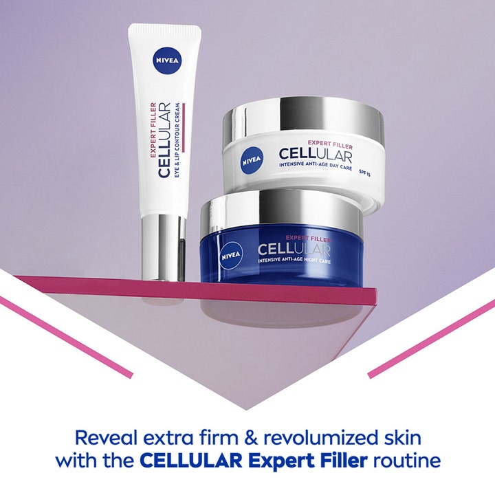 NIVEA Cellular Expert Filler 50 ml päivävoide ja ihonhoitorutiini hopeakantisissa purkeissa ja tuubissa
