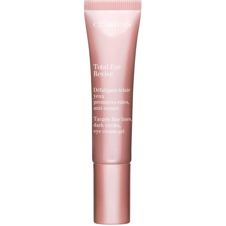 Clarins Total Eye Revive 15 ml silmänympärysvoidegeeli häivyttää tummia silmänalusia ruusukultaisessa tuubissa.