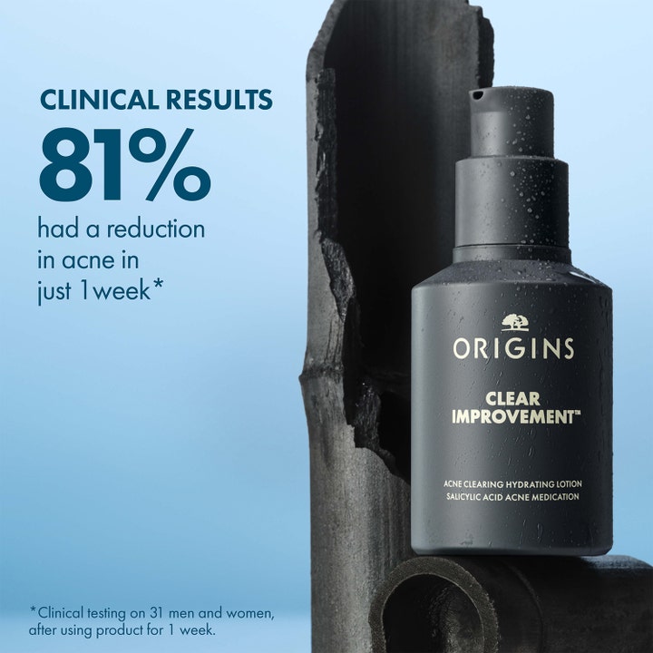 Origins Clear Improvement 50 ml aknea vähentävä voide mustassa pullossa 81 % aknevähennys tekstillä