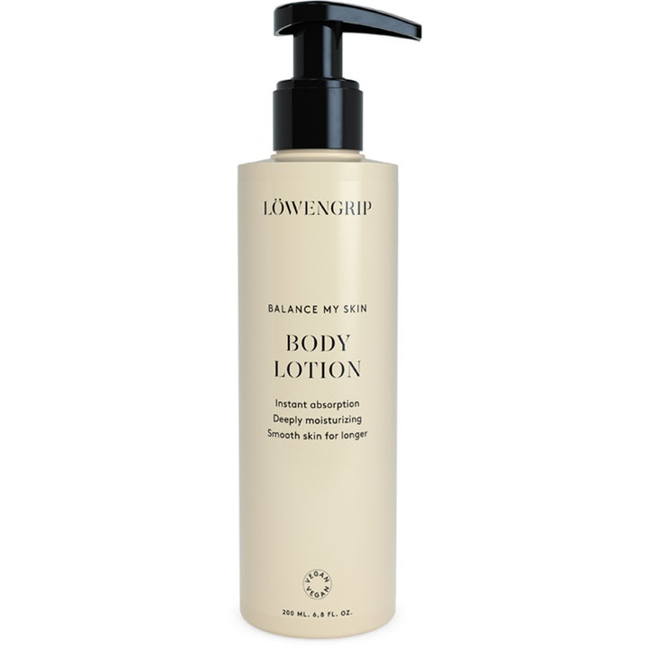 Löwengrip Balance My Skin 200 ml kosteuttava vartalovoide beigessä pumppupullossa mustalla korkilla.
