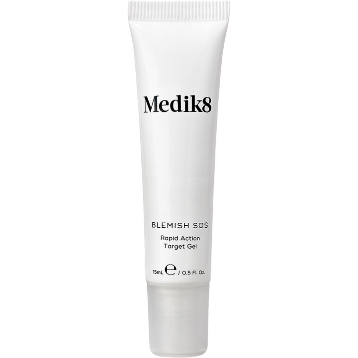 Medik8 Blemish SOS 15 ml nopeavaikutteinen täsmägeeli epäpuhtauksille valkoisessa tuubissa jossa on huurteinen korkki