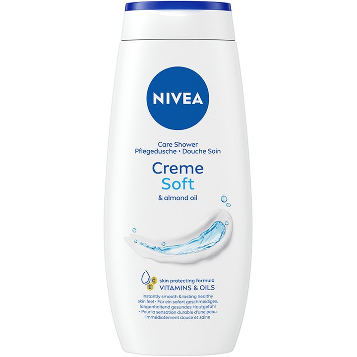 Nivea Creme Soft Shower 250 ml kosteuttava suihkusaippua valkoisessa pullossa sisältää manteliöljyä.