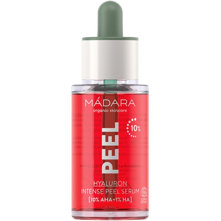 Mádara PEEL Hyaluron Intense Peel Serum 30 ml kirkastava AHA-kuorinta punaisessa lasipullossa vihreällä korkilla.