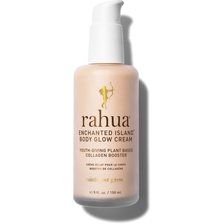 Rahua Enchanted Island Body Glow Cream 150 ml heleyttävä vartalovoide huurteisessa lasipullossa valkoisella pumpulla