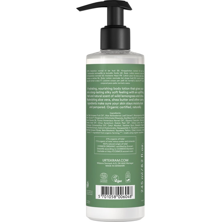 Urtekram Body Lotion Wild Lemongrass 245 ml kosteuttava vartalovoide pullon takapuoli ainesosilla ja logoilla