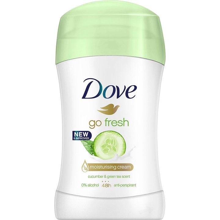 Dove Go Fresh Cucumber & Green Tea 48h raikastava antiperspirantti on valkoinen deodoranttipuikko vaaleanvihreällä korkilla.