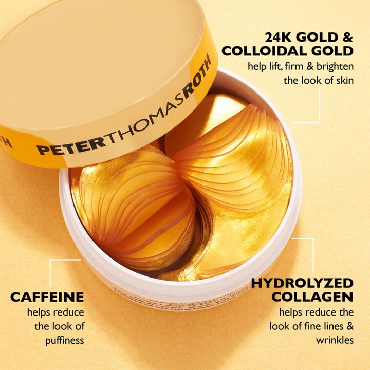 Peter Thomas Roth 24k Gold 60 kpl kiinteyttävä silmänympärysnaamio sisältää kultaa, kofeiinia ja kollageenia.