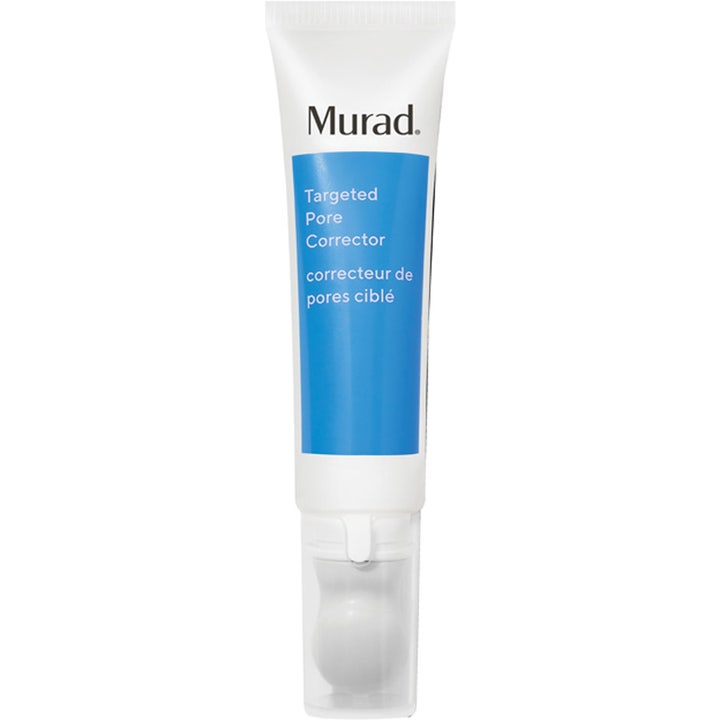 Murad Targeted Pore Corrector ihohuokosia supistava voide valkoisessa tuubissa, jossa on sininen etiketti.