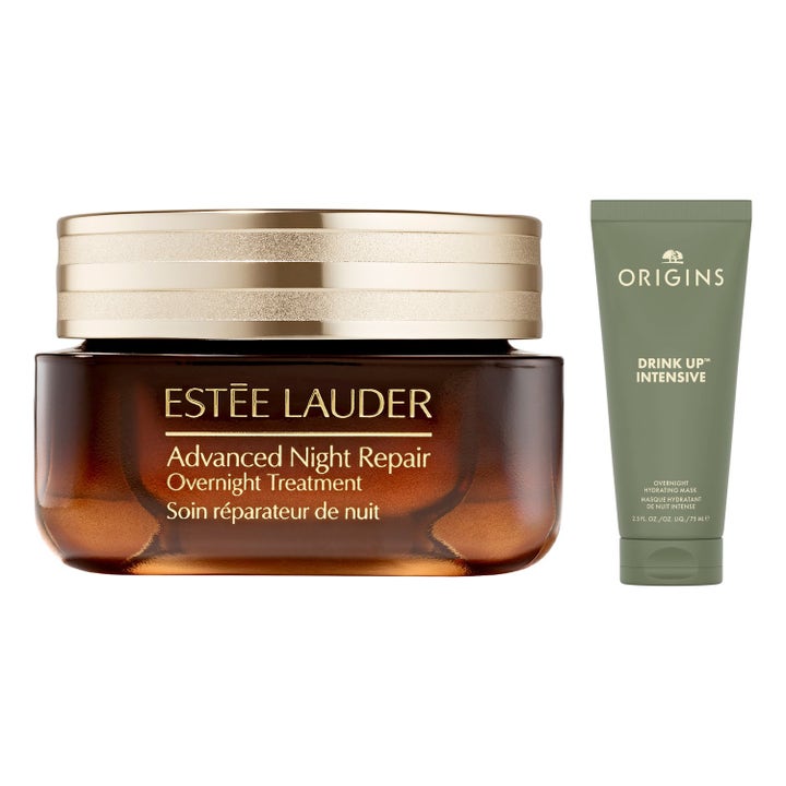 Estée Lauder Advanced Night Repair ja Origins Drink Up 75ml kosteuttavat yöhoidot ruskeassa purkissa ja vihreässä tuubissa